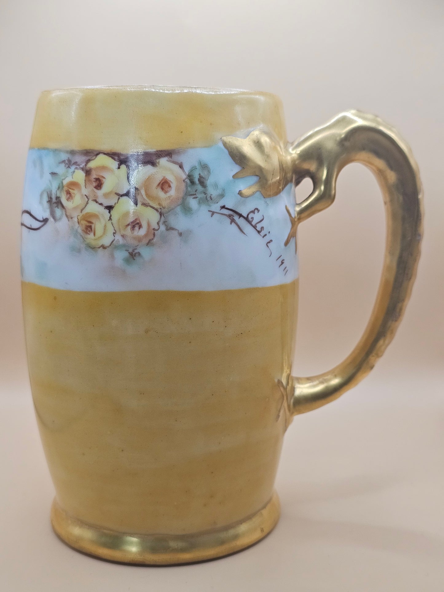 Rare Hand-Painted Yellow Mug with Gold Lizard Candle Mug, 1911 | 24 oz