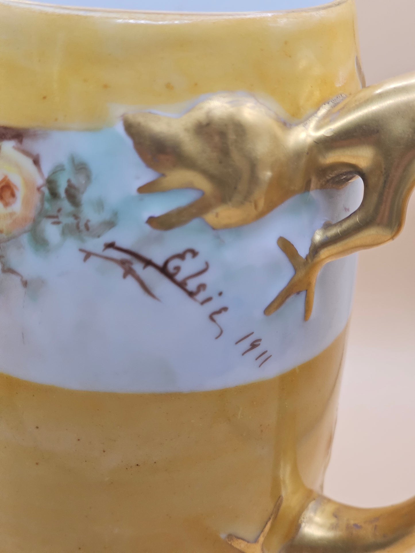 Rare Hand-Painted Yellow Mug with Gold Lizard Candle Mug, 1911 | 24 oz