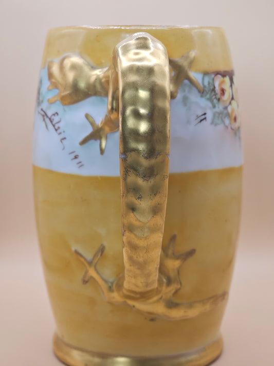 Rare Hand-Painted Yellow Mug with Gold Lizard Candle Mug, 1911 | 24 oz